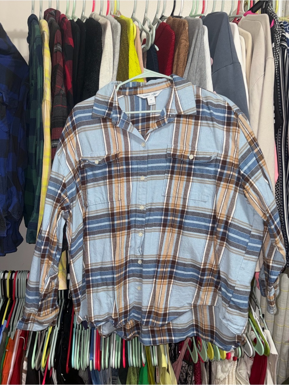 Old Navy Light Blue and Brown Plaid Flannel Button-Down Shirt